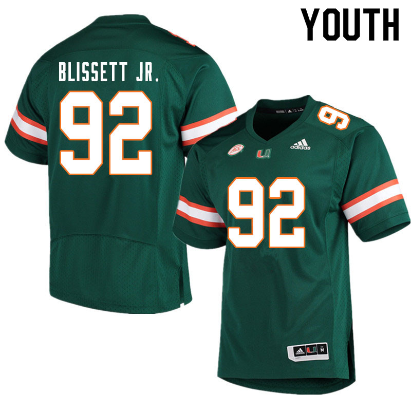 Youth #92 Jason Blissett Jr. Miami Hurricanes College Football Jerseys Sale-Green - Click Image to Close